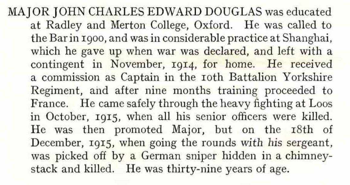 Major Douglas&lsquo; entry in The War Book of Gray's Inn