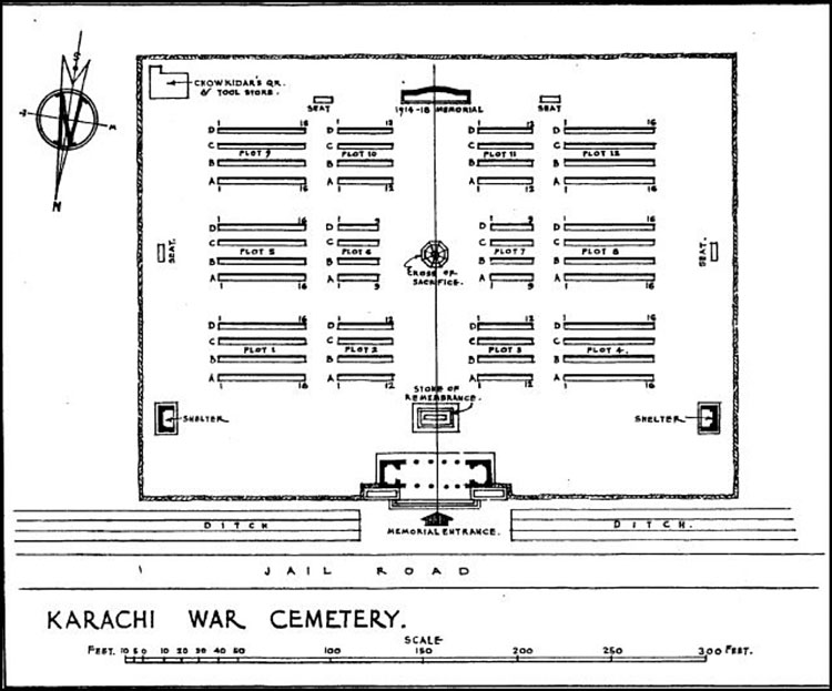 The Karachi War Cemetery plan, showing the location of the Karachi 1914 - 1918 War Memorial