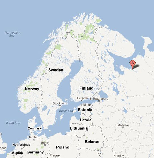 The location of the Archangel Allied Cemetery in the Russian Federation.