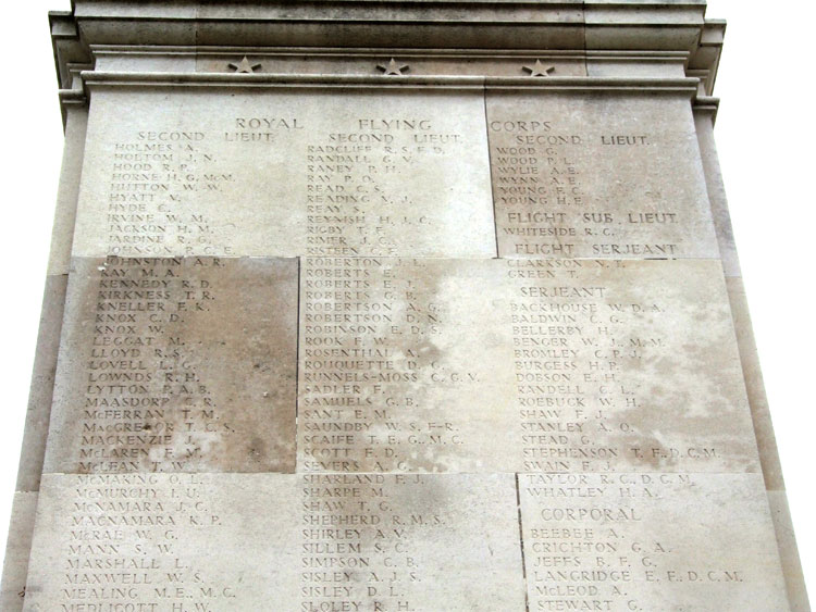 The commemoration on the Arras Flying Services Memorial which includes the names of 2nd Lieutenants Roberton and Saundby