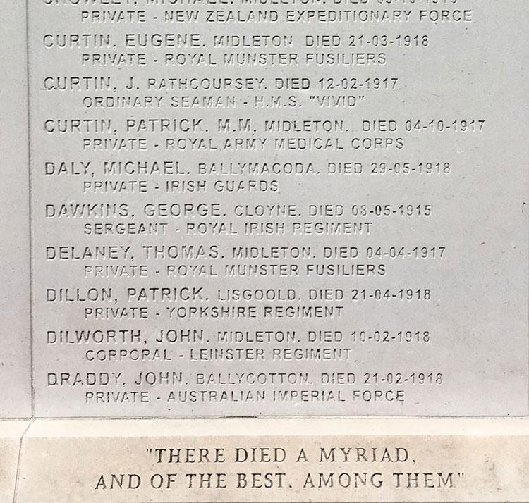 Patrick Dillon's Name on the Midleton WW1 Memorial